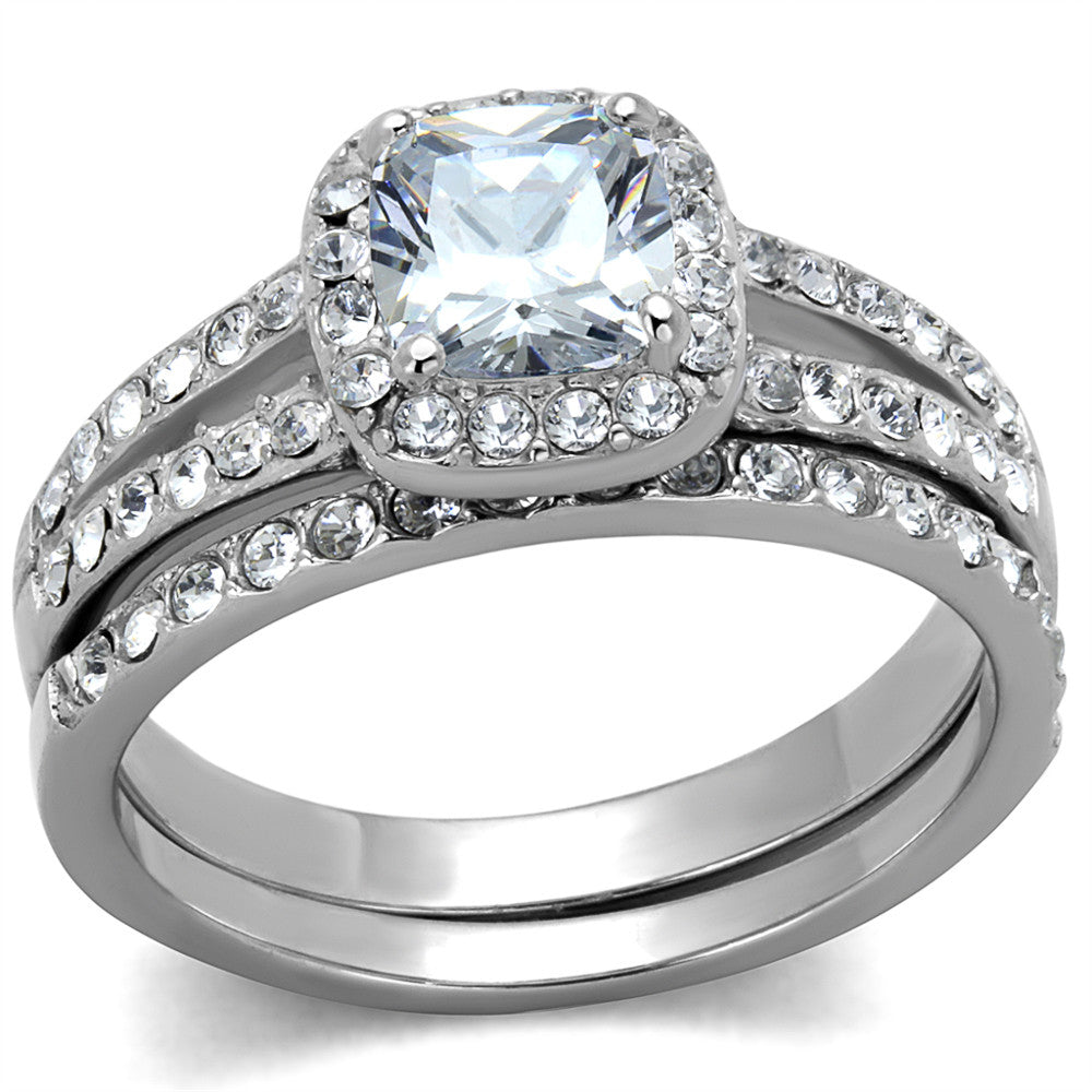 ARTK2180 Stainless Steel 1.8 Ct Halo Princess Cut CZ Wedding Ring Set Women's Size 5-10